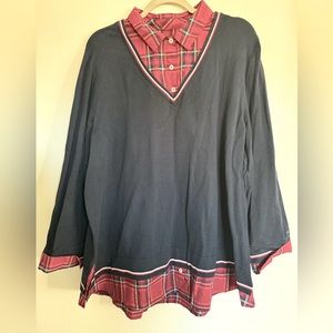 TOMMY HILFIGER Layered Look Vneck Sweater/Shirt - Plus Size 1X - Navy/Red Plaid